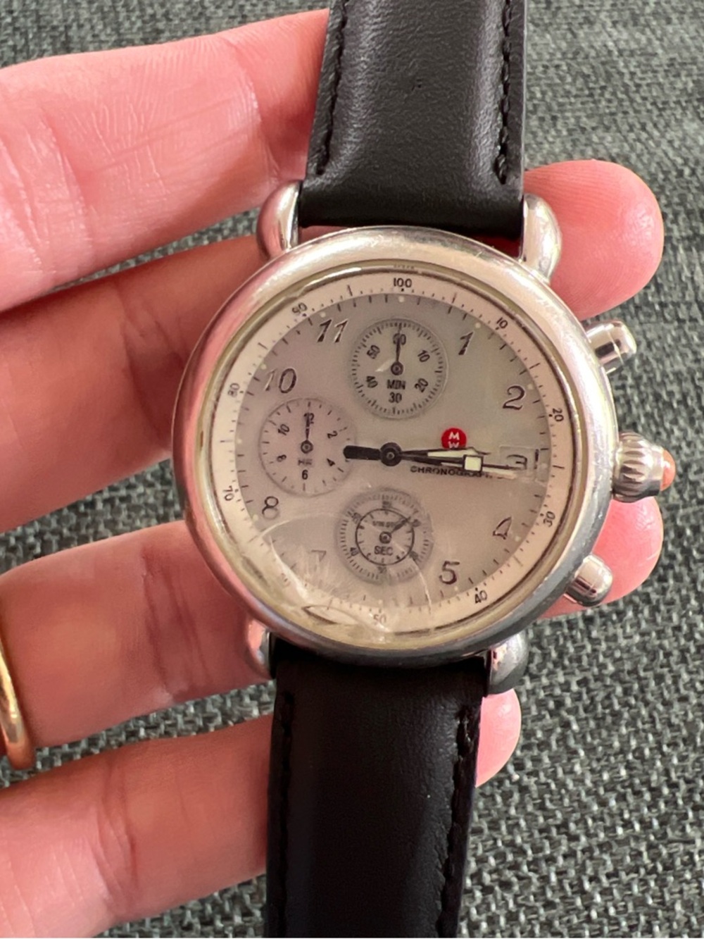 Michele Silver Dial Black Leather Strap Chronograph Watch